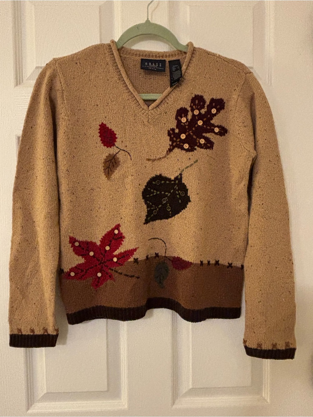 VTG Crazy Horse Liz Claiborne Fall Leaves Knit Sweater Petite S Tan V-Neck